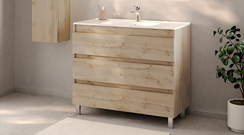 Gala incorpora el acabado roble rústico a la serie de muebles de baño Daily